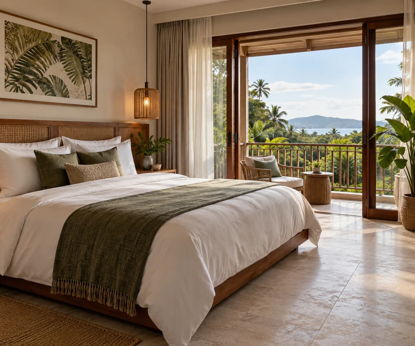 Boutique guest room with a king bed, warm timber furnishings, and a balcony overlooking tropical greenery.
