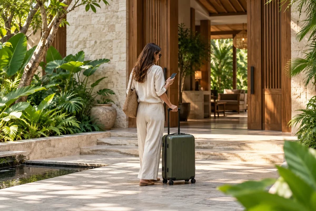 A traveler with a suitcase checking their phone at a boutique hotel entrance.