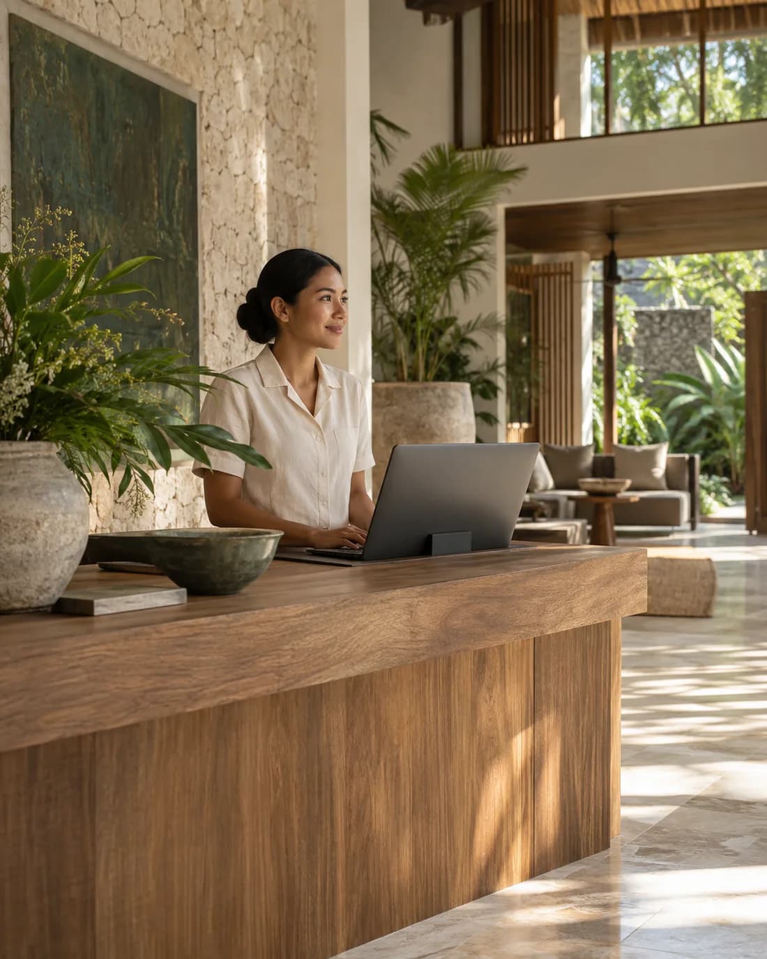 A hotel host working at a timber reception desk in a sunlit boutique hotel.